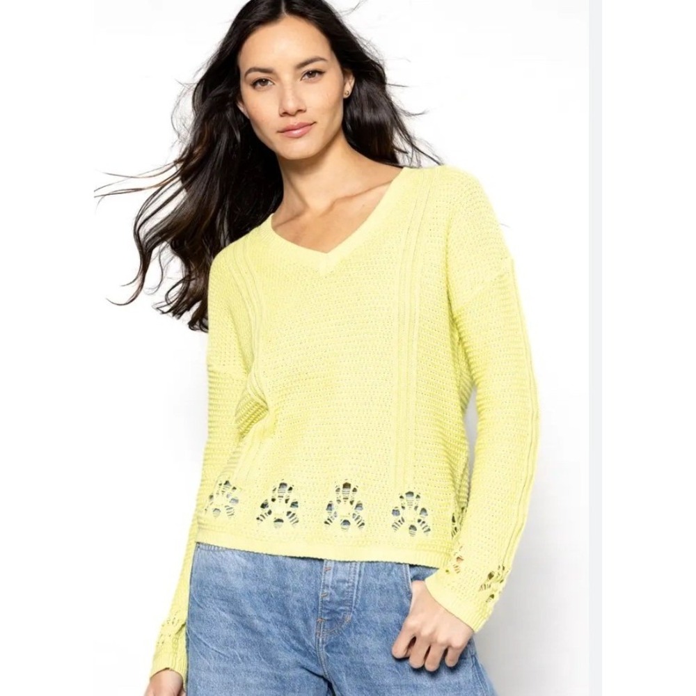 Lisa Todd Boho Bliss‎ Lime Yellow Cotton Cashmere Waffle Knit V-Neck Sweater M